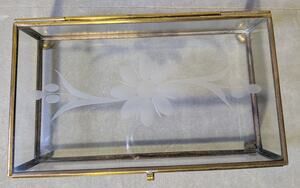 Vintage Brass & Glass Trinket Box Etched Floral Lid Jewelry Case Vanity Decor